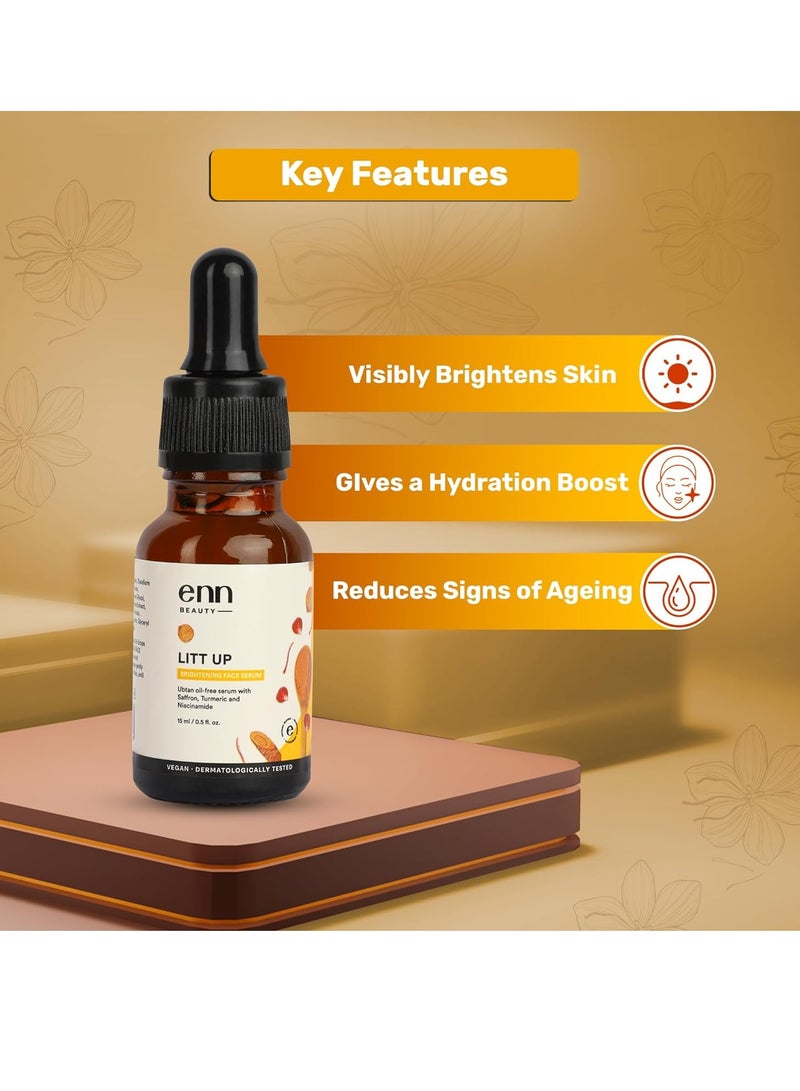 ENN LITT UP Ubtan Oil free Brightening Serum for Face Glowing and Whitening With Turmeric and Saffron for Skin Radiance Reduces Hyper Pigmentation Lightweight Anti Ageing Seerum for Women and Men 15ml - Image 2