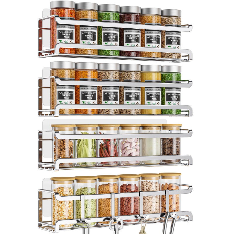 Bunoxea Spice Rack wall mounted 4 Pack, Space-Saving Spice Organizer for Spice Jars and Seasonings,Screw or Adhesive Hanging Spice Rack Organizer for Your Kitchen Cabinet,or Pantry Door,Chrome - Image 1
