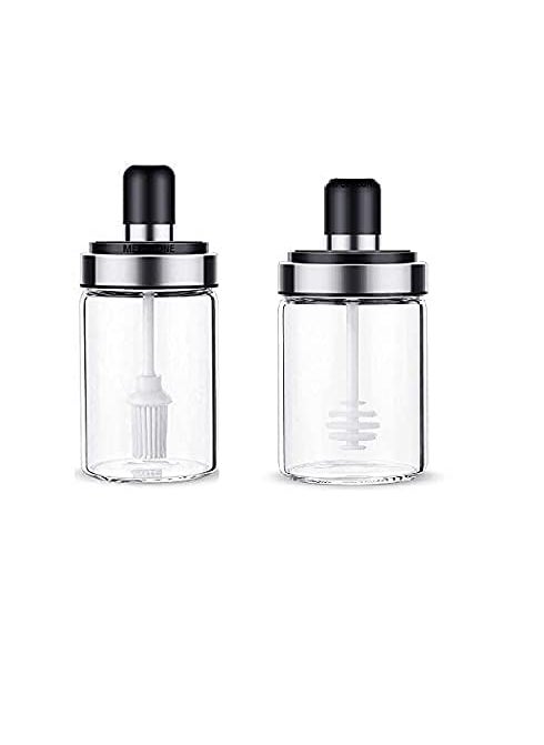 BLINE BLINE Borosilicate Glass Kitchen Spice Condiment Jars Seasonning Box Jar with Spoon and Olive Oil Bottle with Brush BrushHoney Pack of 2  - Image 1