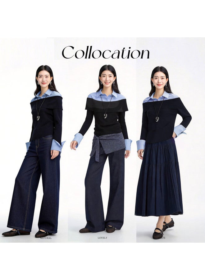 dme Demana Spring Design Faux Two-piece Colorblock Wool Blend Knit Sweater With Lapel And Drop Shoulder Long Sleeve Top For Women - Image 3
