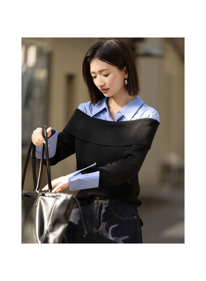 dme Demana Spring Design Faux Two-piece Colorblock Wool Blend Knit Sweater With Lapel And Drop Shoulder Long Sleeve Top For Women - Image 4