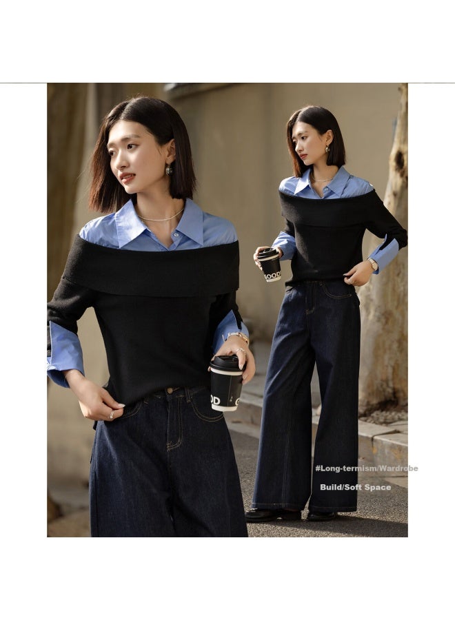 dme Demana Spring Design Faux Two-piece Colorblock Wool Blend Knit Sweater With Lapel And Drop Shoulder Long Sleeve Top For Women - Image 2