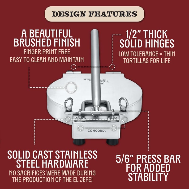 Concord 11" Stainless Steel EL JEFE Commercial Grade Tortilla Press. 2 Gauge Thickness, 18 LBS. Perfect Maker for Flour or Corn Tortillas, Quesadillas, Roti, and much more! - Image 5