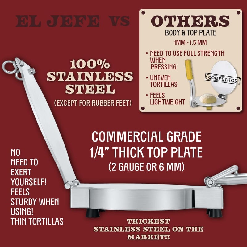 Concord 11" Stainless Steel EL JEFE Commercial Grade Tortilla Press. 2 Gauge Thickness, 18 LBS. Perfect Maker for Flour or Corn Tortillas, Quesadillas, Roti, and much more! - Image 3