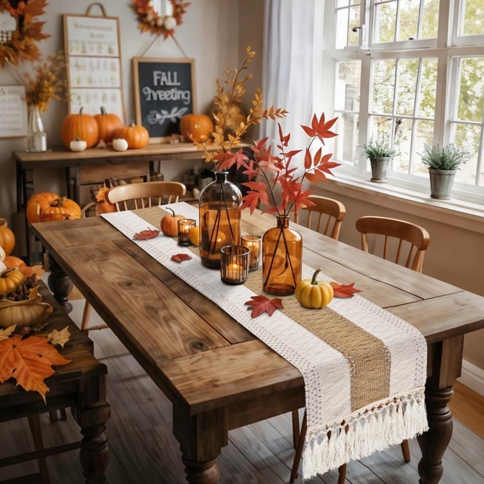 BOHO TABLE RUNNER 72 INCHES LONG FALL COFFEE TABLE RUNNER BROWN MACRAME DRESSER RUNNERS COVE TOP FOR BEDROOM DINING ROOM TV STAND RUSTIC FARMHOUSE TABLE DECOR FOR THANKSGIVING DAY CHRISTMAS