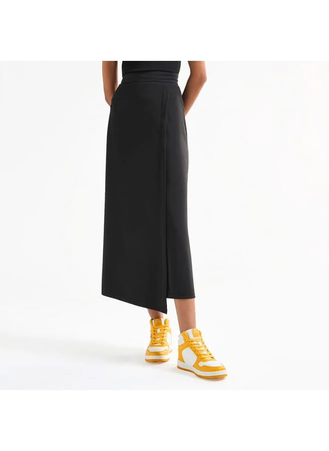 FAV Solid Wrap Skirt with Elasticated Waistband and Pockets