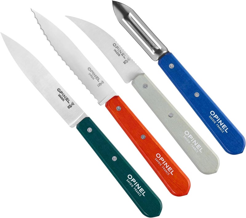 OPINEL Les Essentials  Small Kitchen 4 Piece Set  Paring Serrated Vegetable Knife Peeler  Corrosion Resistant High Carbon Steel  Made in France Primo - Image 1