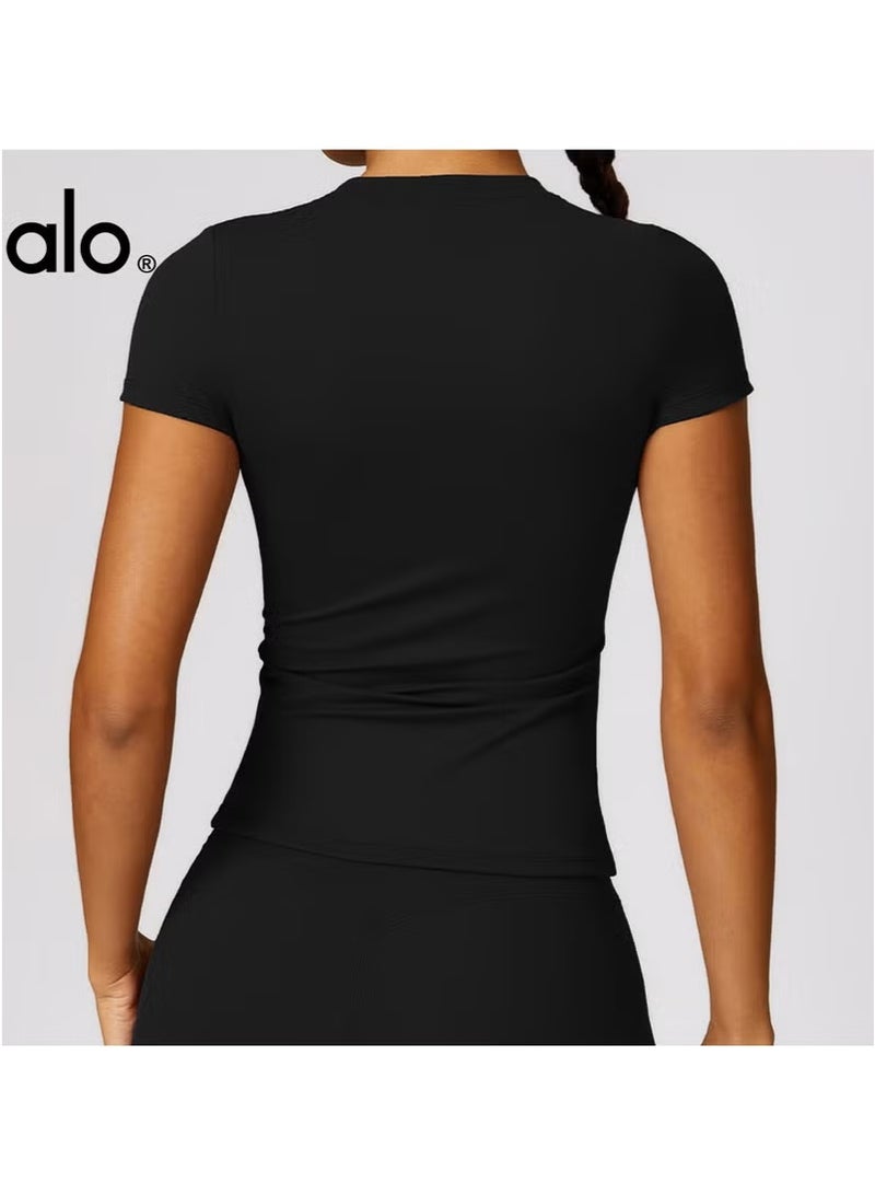 Alo Lady Sports Short Sleeve Quick Drying, Yoga Fitness Sportswear - Black - Image 2