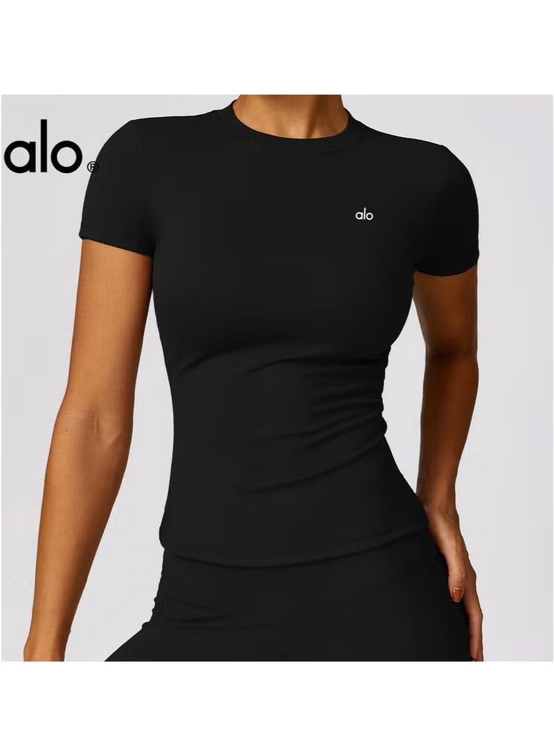 Alo Lady Sports Short Sleeve Quick Drying, Yoga Fitness Sportswear - Black - Image 1