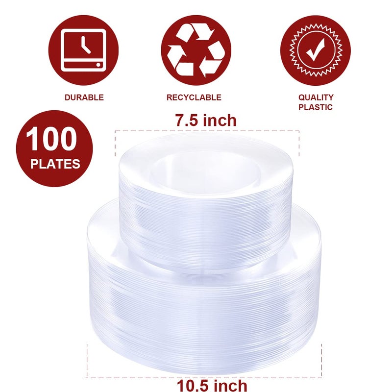 PULOTE 100Pieces Clear Plastic Plates - Premium Heavyweight Plastic Clear Plates Disposable for Wedding&Party Include 50 Clear Dinner Plates  50 Clear Dessert/Salad Plates - Image 2