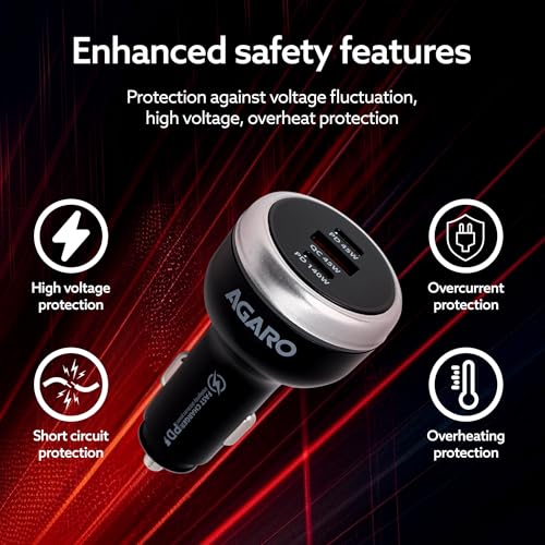 AGARO Flash Car Charger, 230W, 3 Ports Fast Car Charger, Dual Type-C PD 140W + 45W, USB-A Post 45W, Supports Super-Fast Charging, for Smartphones, iPhones, Tablets, Earbuds & More – Black - Image 5