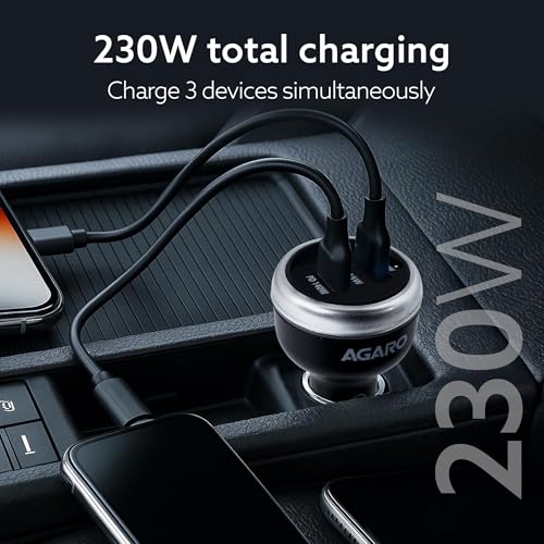 AGARO Flash Car Charger, 230W, 3 Ports Fast Car Charger, Dual Type-C PD 140W + 45W, USB-A Post 45W, Supports Super-Fast Charging, for Smartphones, iPhones, Tablets, Earbuds & More – Black - Image 2