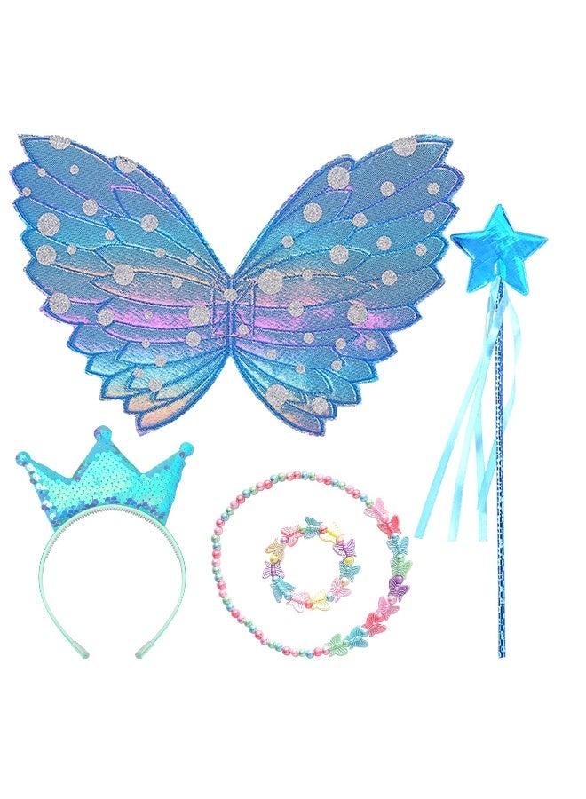 5 Pcs Blue Fairy Costume, Fairy Wands, Butterfly, Crown Crystal Tiaras, Girl Butterfly Necklace - Image 1