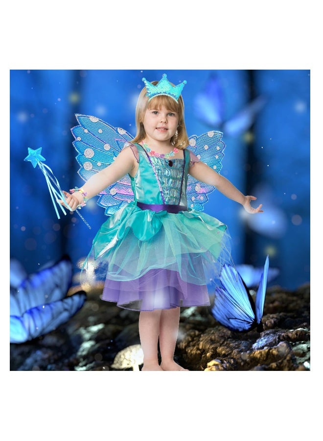5 Pcs Blue Fairy Costume, Fairy Wands, Butterfly, Crown Crystal Tiaras, Girl Butterfly Necklace - Image 2