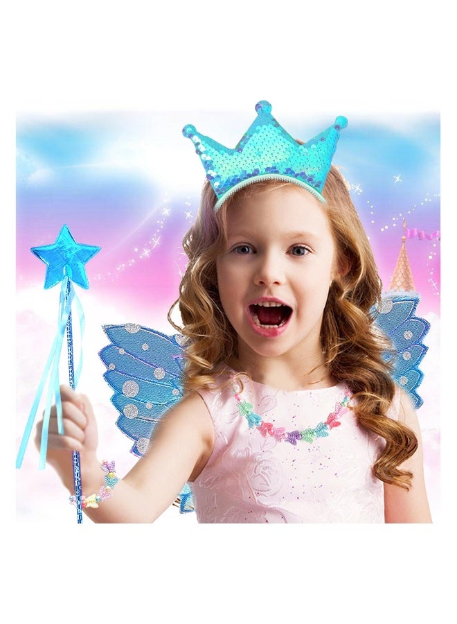 5 Pcs Blue Fairy Costume, Fairy Wands, Butterfly, Crown Crystal Tiaras, Girl Butterfly Necklace - Image 4