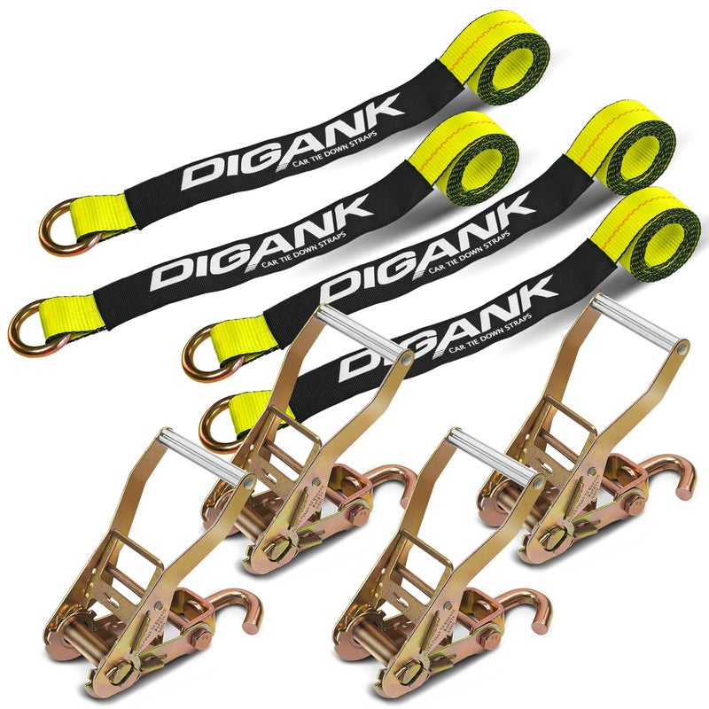 Digank Car Tie Down Straps (4PK) with J Finger Hook Lasso Ratchet Strap 2 Inch x 96 Inch- for Any Car, SUV, Jeep or Sports Car - Image 1