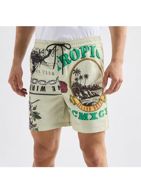 Palm Tree Print Shorts with Drawstring Closure and Pockets