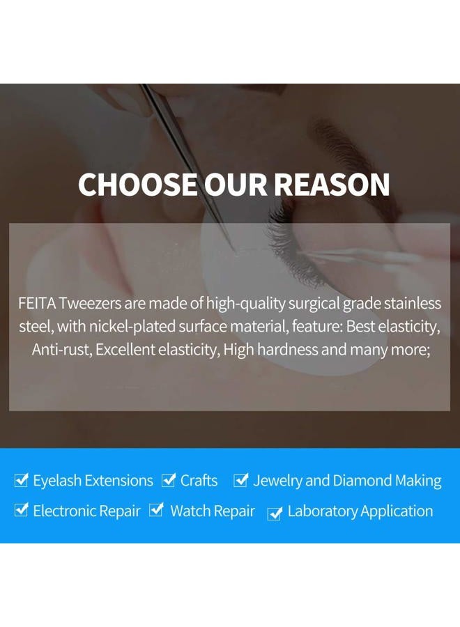 FEITA Best Eyelash Extension Tweezer Set - FEITA Pro Straight & Curved Pointy Precision Fine Tip Tweezers for Lash Extensions - Silver - 2Pcs - Image 5