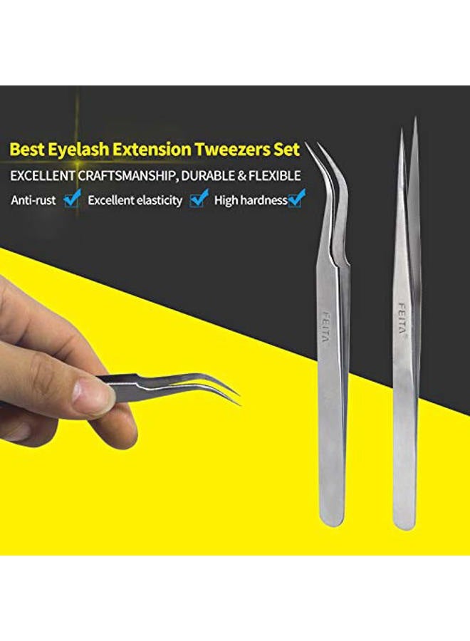 FEITA Best Eyelash Extension Tweezer Set - FEITA Pro Straight & Curved Pointy Precision Fine Tip Tweezers for Lash Extensions - Silver - 2Pcs - Image 4