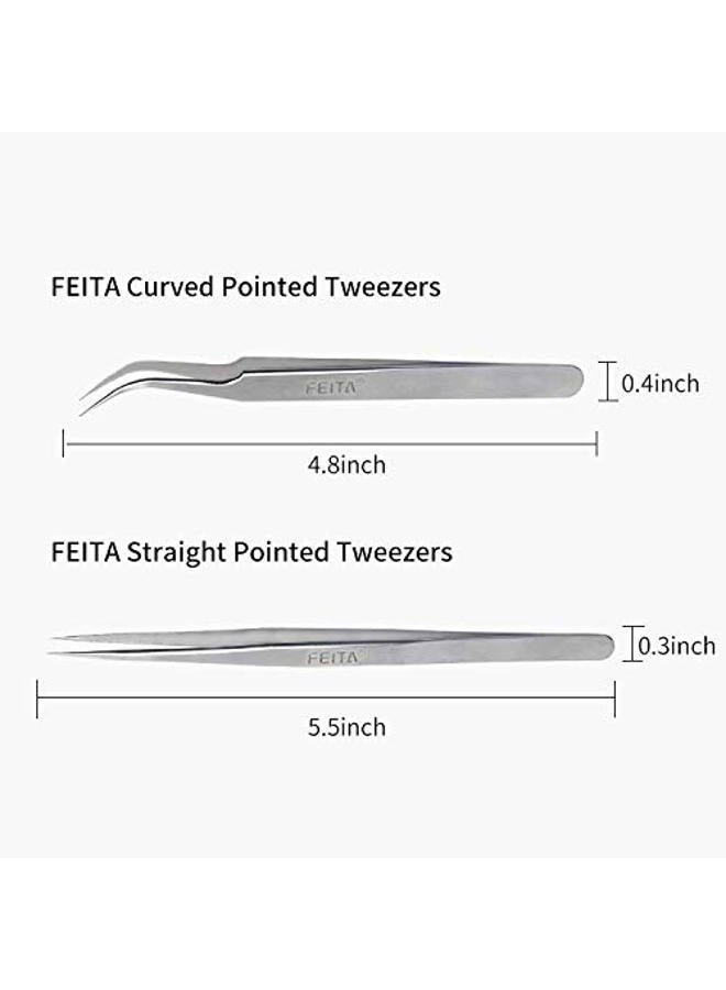 FEITA Best Eyelash Extension Tweezer Set - FEITA Pro Straight & Curved Pointy Precision Fine Tip Tweezers for Lash Extensions - Silver - 2Pcs - Image 2
