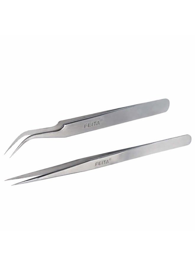 FEITA Best Eyelash Extension Tweezer Set - FEITA Pro Straight & Curved Pointy Precision Fine Tip Tweezers for Lash Extensions - Silver - 2Pcs - Image 1