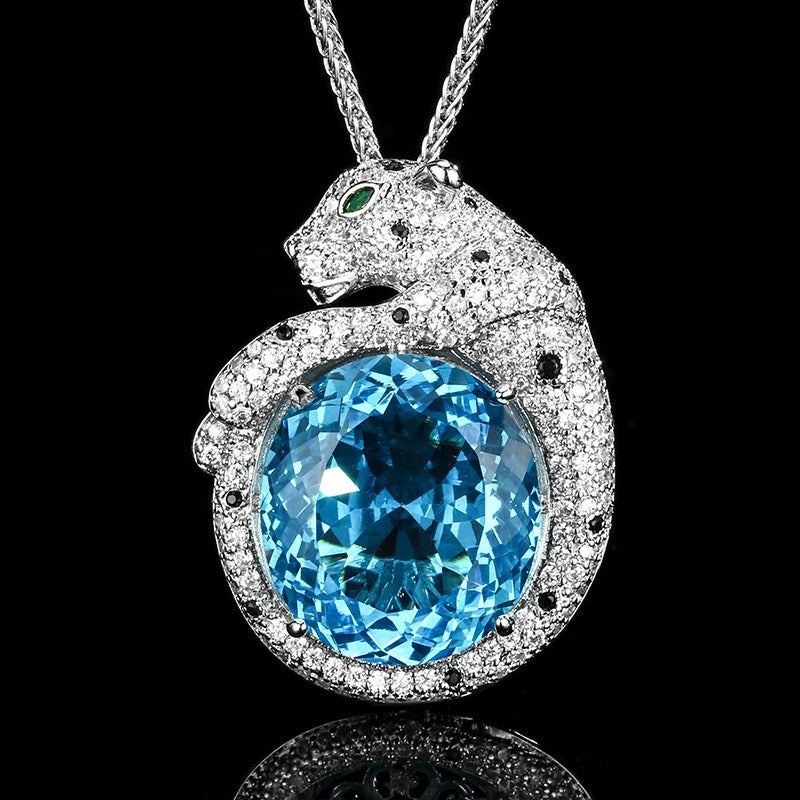 Zhuangshengsheng Jewelry 2024 New Bird's Nest Aquamarine Leopard Pendant Necklace, 18*20mm Main Stone, Vintage Style