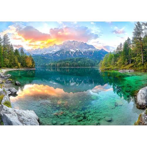 MINIWAN Eibsee Lake Jigsaw Puzzles 1000 Pieces Nature Landscape Puzzles for Adults 1000 Pieces with Letters on Back Hard Impossible Difficult Challenging Family Puzzle Mountain Scenery Lake Puzzles - Image 1