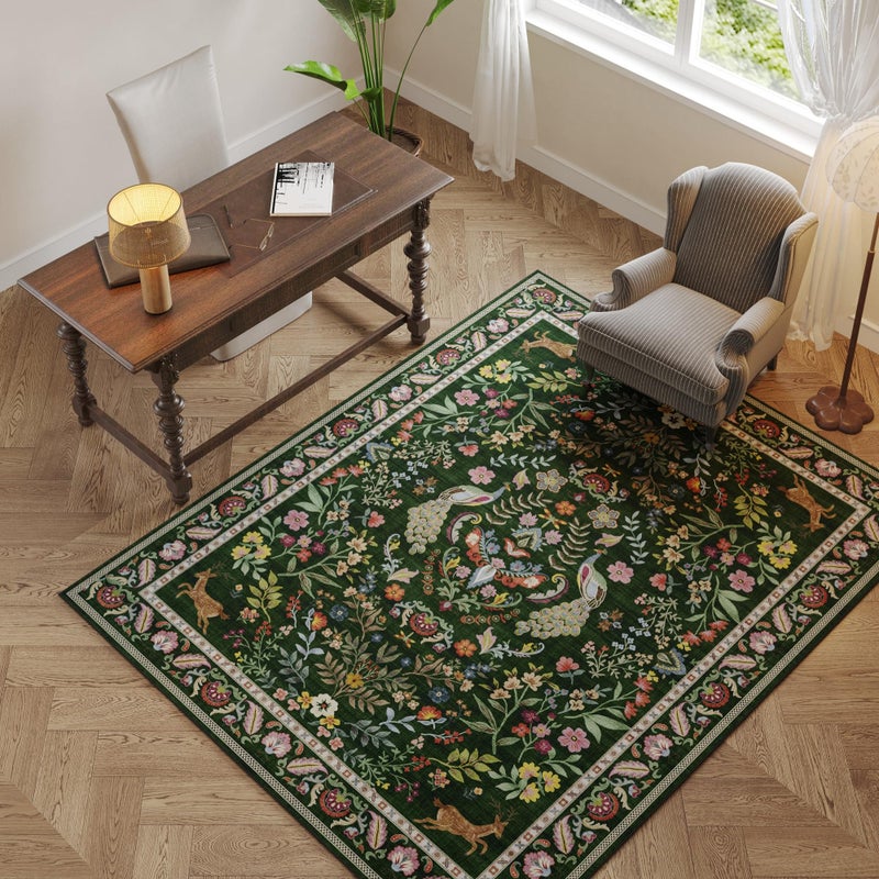 Rugcomf Area Rug 4x6 Rug Washable Rugs Floral Non Slip Low Pile Small Carpet for Bedroom, Bedside, Kids Room, Office, Dining Room (Emerald Green) - Image 4
