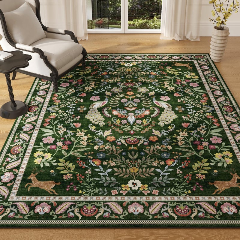 Rugcomf Area Rug 4x6 Rug Washable Rugs Floral Non Slip Low Pile Small Carpet for Bedroom, Bedside, Kids Room, Office, Dining Room (Emerald Green) - Image 1