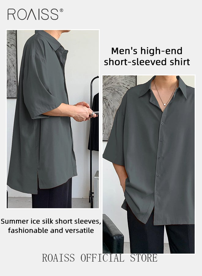 رويس قميص أنيق غير رسمي للرجال، سترة قميص مريحة ومسامية للرجال، قمصان بأكمام قصيرة وأزرار، مناسبة للارتداء اليومي والأنشطة الخارجية - Image 2