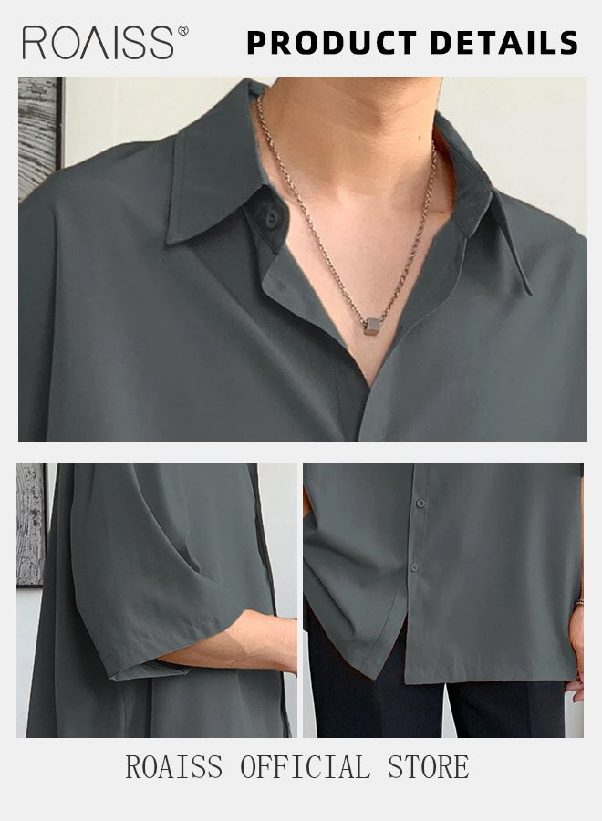 رويس قميص أنيق غير رسمي للرجال، سترة قميص مريحة ومسامية للرجال، قمصان بأكمام قصيرة وأزرار، مناسبة للارتداء اليومي والأنشطة الخارجية - Image 4