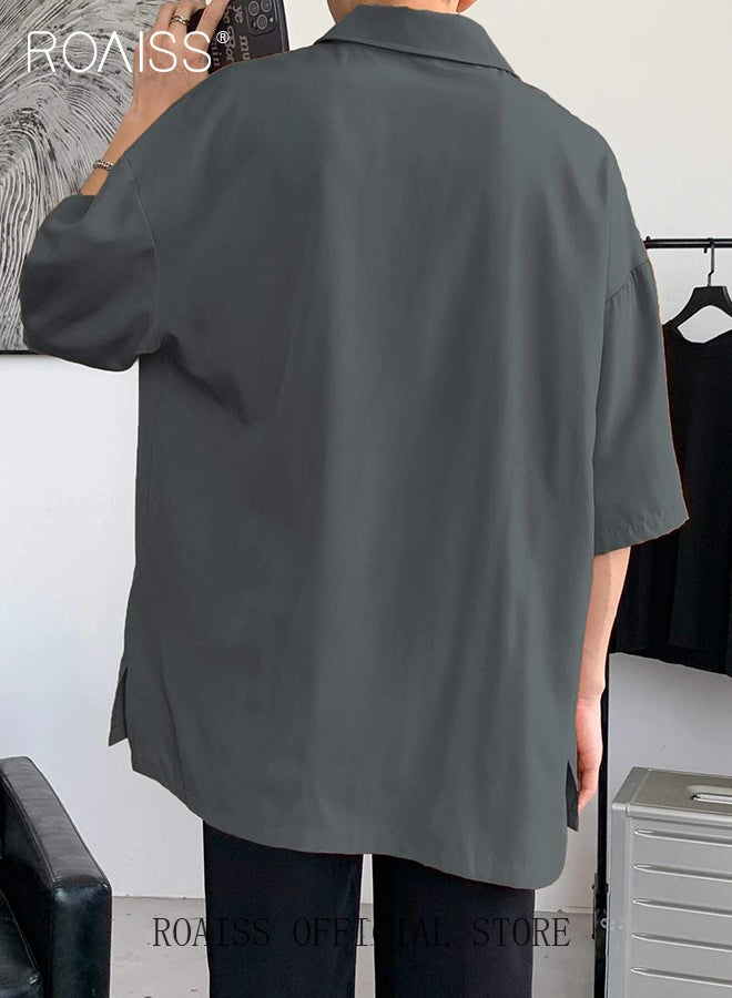 رويس قميص أنيق غير رسمي للرجال، سترة قميص مريحة ومسامية للرجال، قمصان بأكمام قصيرة وأزرار، مناسبة للارتداء اليومي والأنشطة الخارجية - Image 3