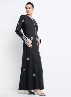 Rosette Abaya Black Pure Linen Abaya with Embroidery Design  - Image 2