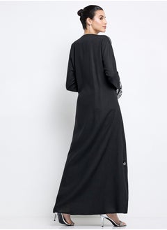 Rosette Abaya Black Pure Linen Abaya with Embroidery Design  - Image 3