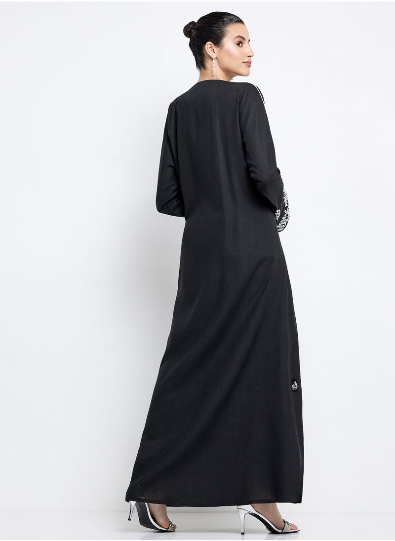 Rosette Abaya Black Pure Linen Abaya with Embroidery Design  - Image 3