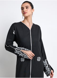 Rosette Abaya Black Pure Linen Abaya with Embroidery Design  - Image 4