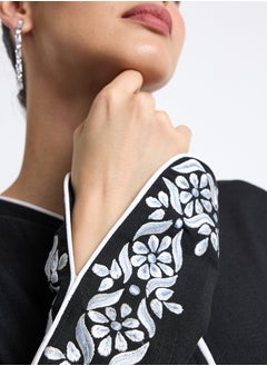 Rosette Abaya Black Pure Linen Abaya with Embroidery Design  - Image 5