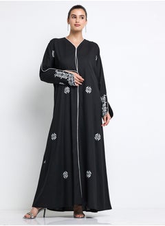 Rosette Abaya Black Pure Linen Abaya with Embroidery Design  - Image 1