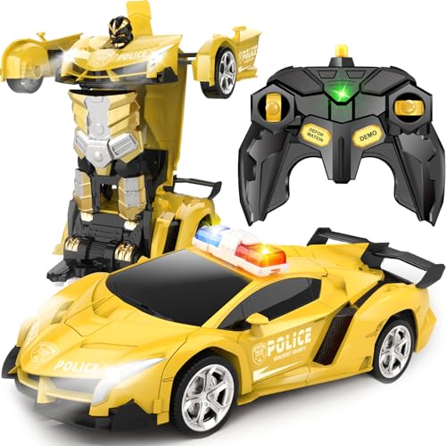 Britik Transform Remote Control Car  Rc Cars OneButton Transforming 360 Rotation Drifting 24ghz 118 Scale Gift Kids Aged 46 Year Old BoysGirls Police Car Yellow - Image 1