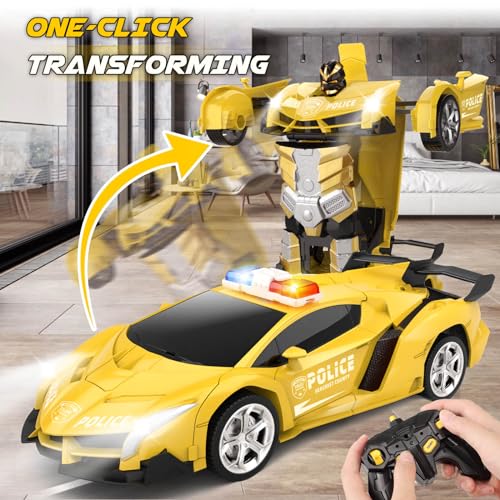 Britik Transform Remote Control Car  Rc Cars OneButton Transforming 360 Rotation Drifting 24ghz 118 Scale Gift Kids Aged 46 Year Old BoysGirls Police Car Yellow - Image 5