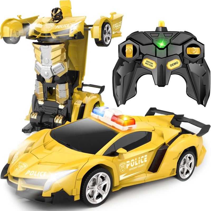 Britik Transform Remote Control Car  Rc Cars OneButton Transforming 360 Rotation Drifting 24ghz 118 Scale Gift Kids Aged 46 Year Old BoysGirls Police Car Yellow - Image 2