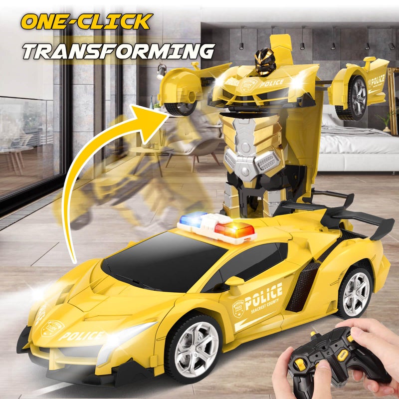 Britik Transform Remote Control Car  Rc Cars OneButton Transforming 360 Rotation Drifting 24ghz 118 Scale Gift Kids Aged 46 Year Old BoysGirls Police Car Yellow - Image 3