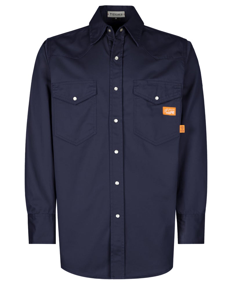 Titicaca FR Work Shirt Pearl Snaps Flame Resistant Shirt Men's Cotton 6.5oz Lightweight Navy Welder's Shirts - Image 1