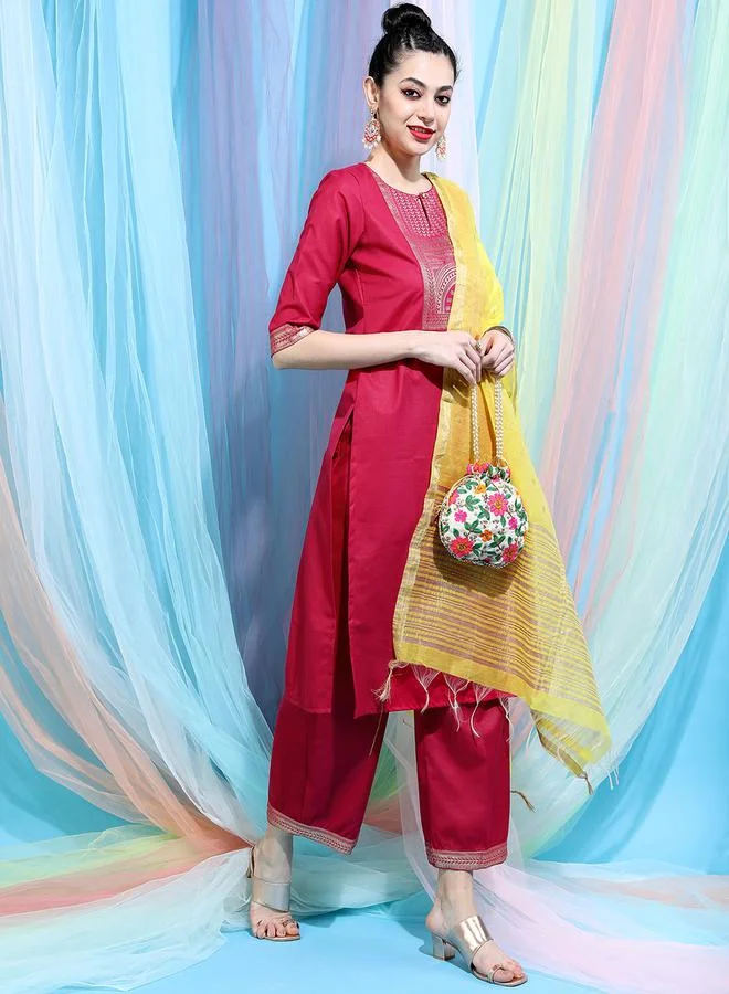Vishudh Women Red Printed Kurta with Palazzo & Dupatta by Styli