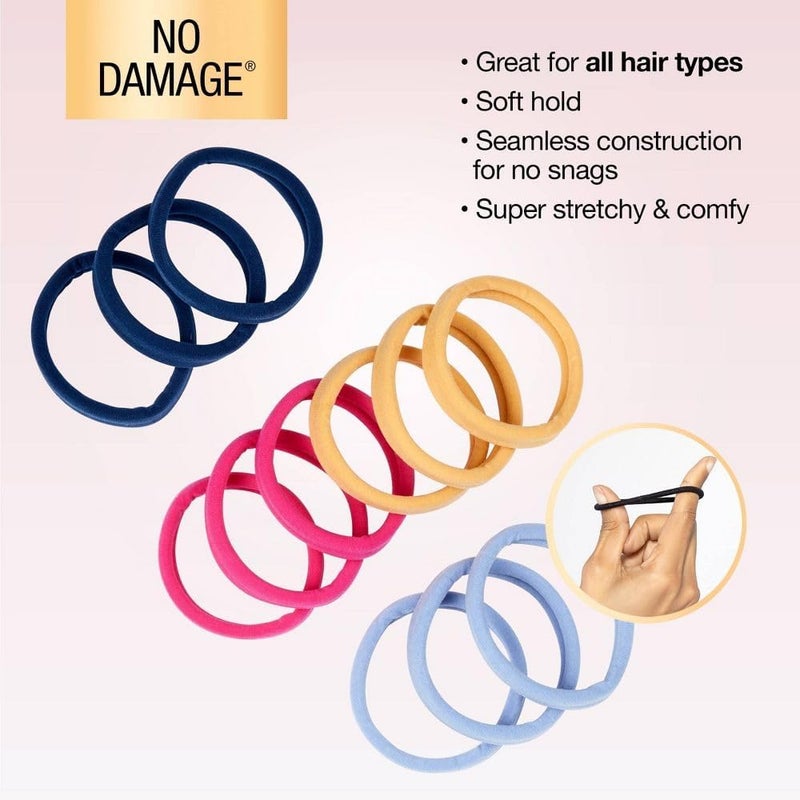 Scunci No Damage Hosiery Hair Ties, Super Comfy Stretch Ponytail Holders, Metal-Free, All Hair Types, Soft Elastic, 12-Pack, Assorted Colors – Pink, Mustard, Sky Blue, Navy, Gentle Hold, No Crease - Image 4