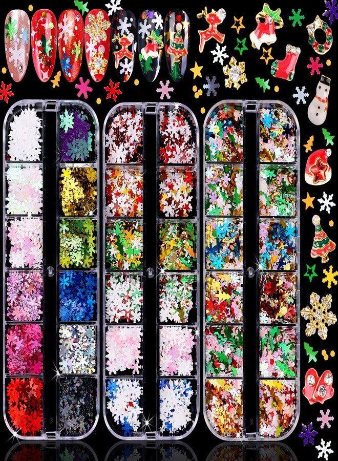 EBANKU 3 Sets Christmas Nail Art Sparkling Sequins Glitters & Snowflakes Hologram Designs Mixed Shapes Xmas Nail Gems & Studs Decoration - Image 1