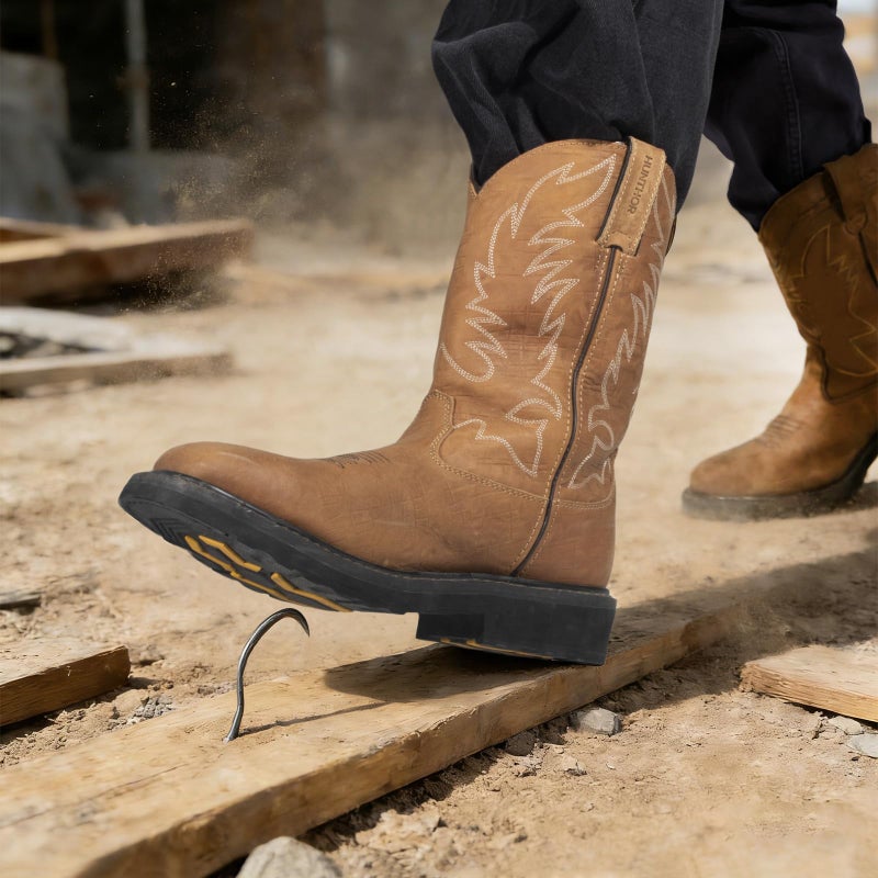 Hunthor Men's Cowboy Work Boots, Square Steel Toe EVA Mid-Sole with GoodyearWelt Leather Anti Slip Western Boots for Manufacturing, Construction, Farming ï¼ˆLight Brown, Size 7ï¼‰ - Image 2