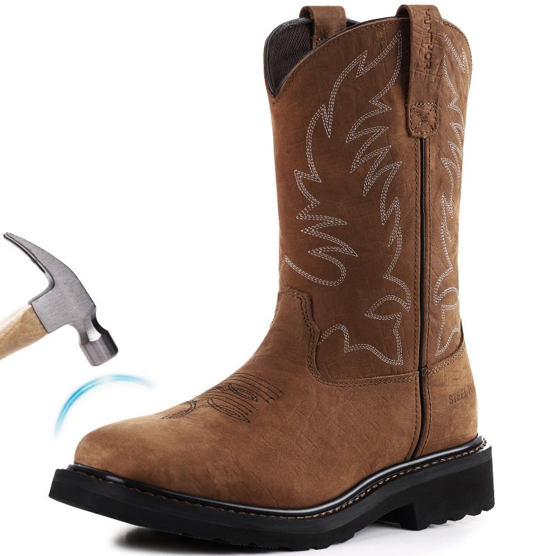 Hunthor Men's Cowboy Work Boots, Square Steel Toe EVA Mid-Sole with GoodyearWelt Leather Anti Slip Western Boots for Manufacturing, Construction, Farming ï¼ˆLight Brown, Size 7ï¼‰ - Image 1