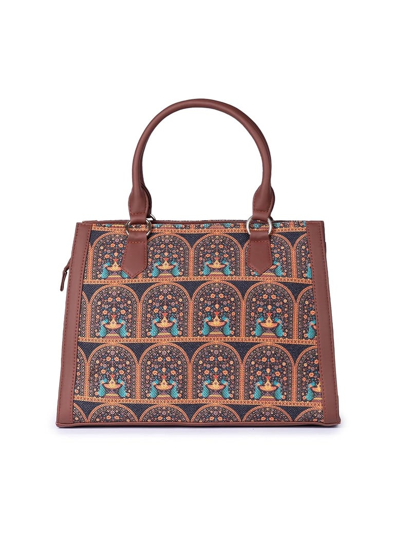 ZOUK Printed Jute Handcrafted Vegan Leather Multicolor Women's Satchel Bag | Ladies Purse Handbag | Double Handle Detachable Strap - Image 4
