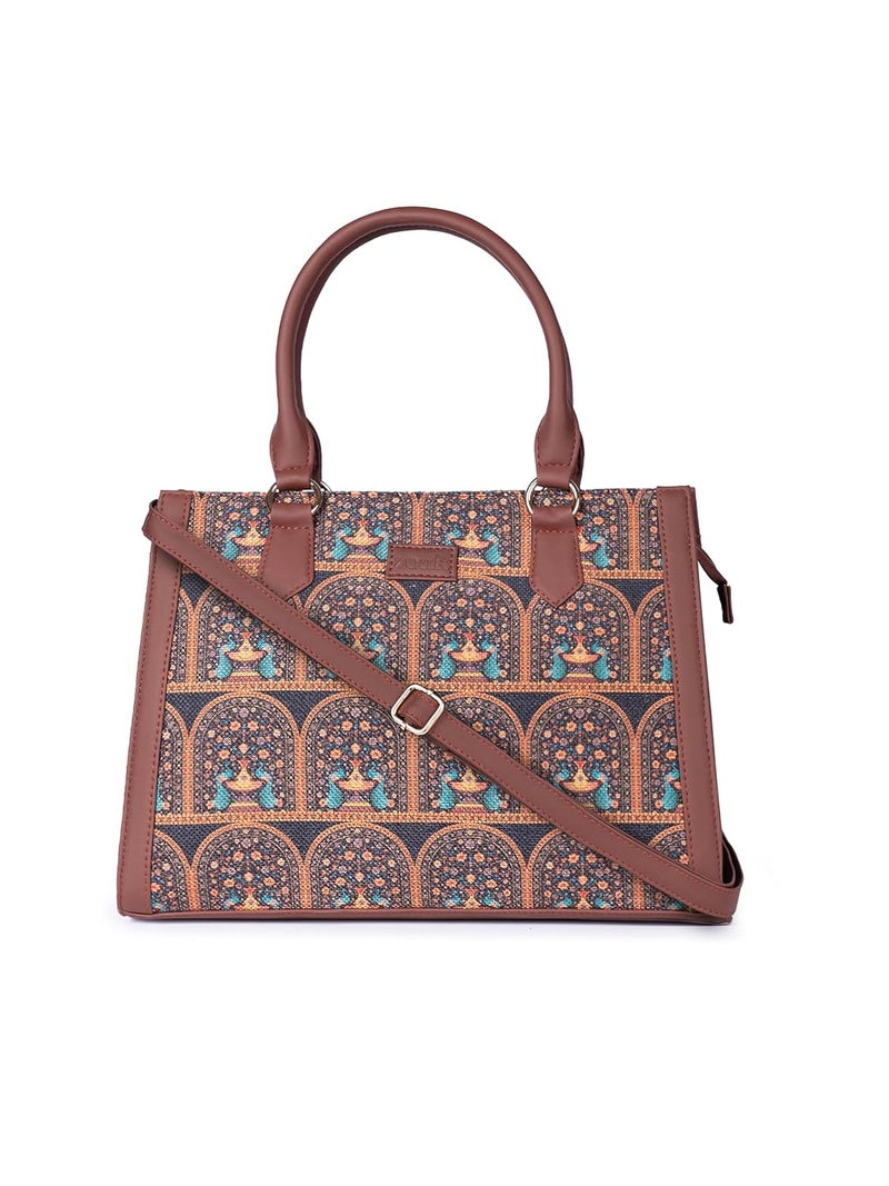 ZOUK Printed Jute Handcrafted Vegan Leather Multicolor Women's Satchel Bag | Ladies Purse Handbag | Double Handle Detachable Strap - Image 1